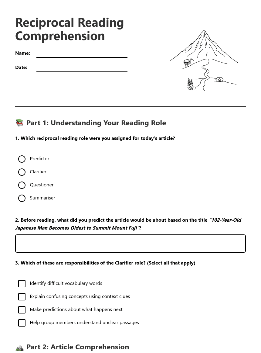 Reciprocal Reading Comprehension worksheet preview