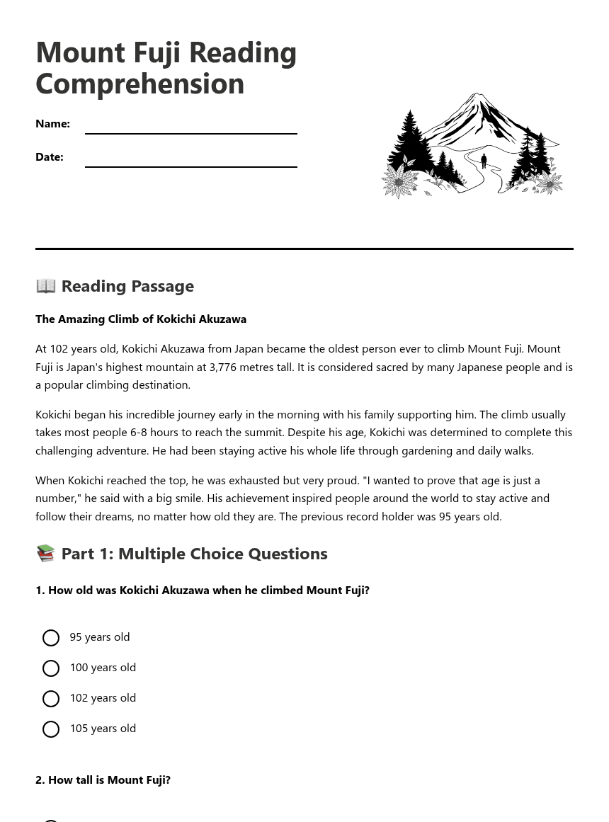 Mount Fuji Reading Comprehension worksheet preview