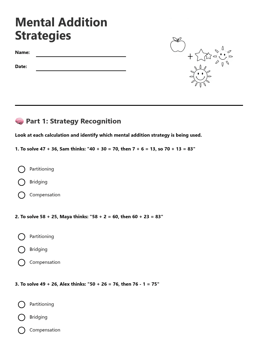 Mental Addition Strategies worksheet preview