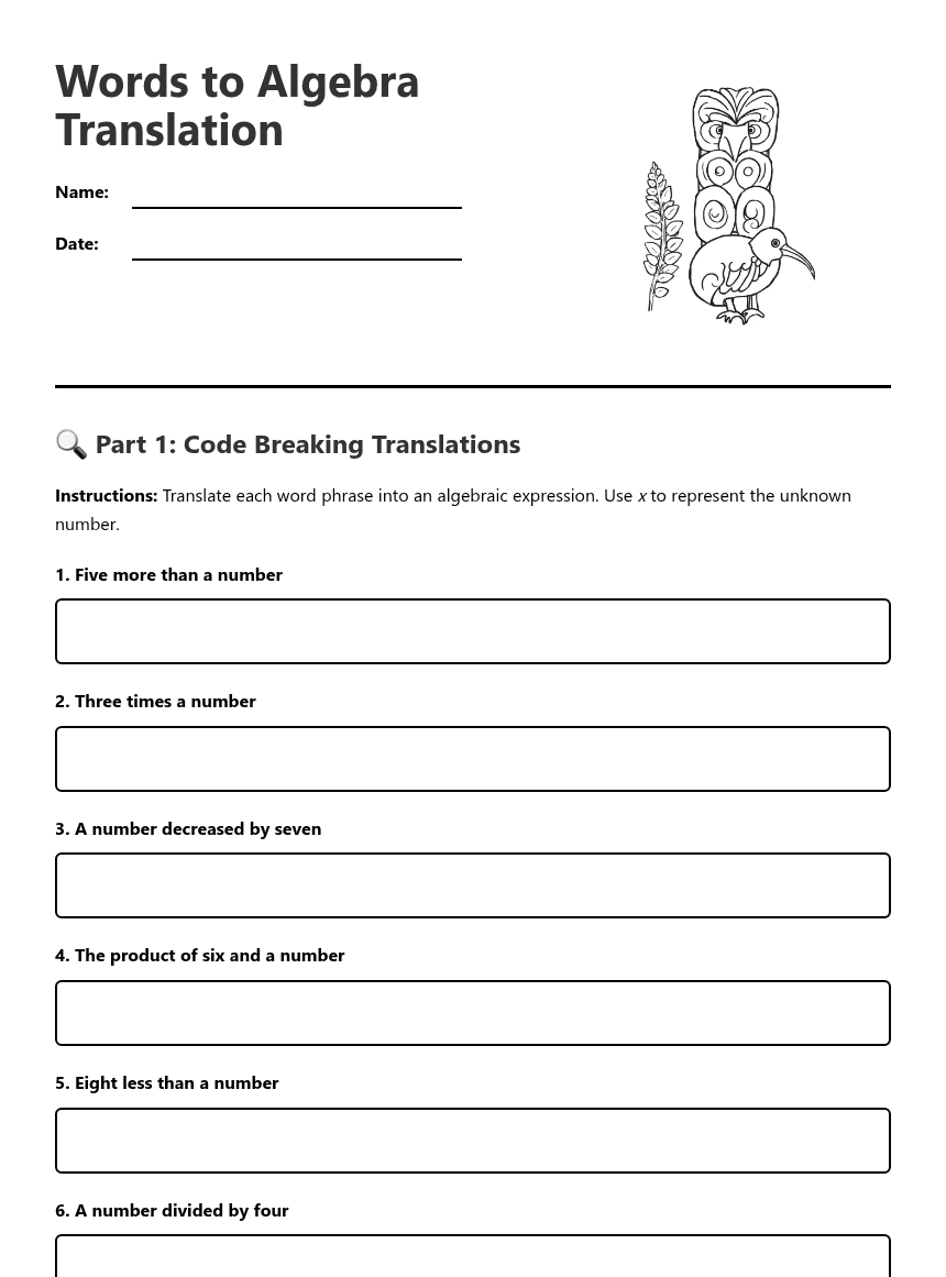 Words to Algebra Translation worksheet preview