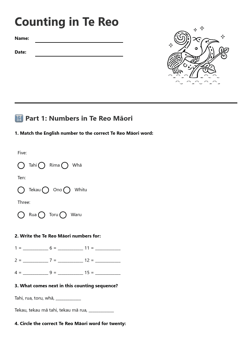 Counting in Te Reo worksheet preview