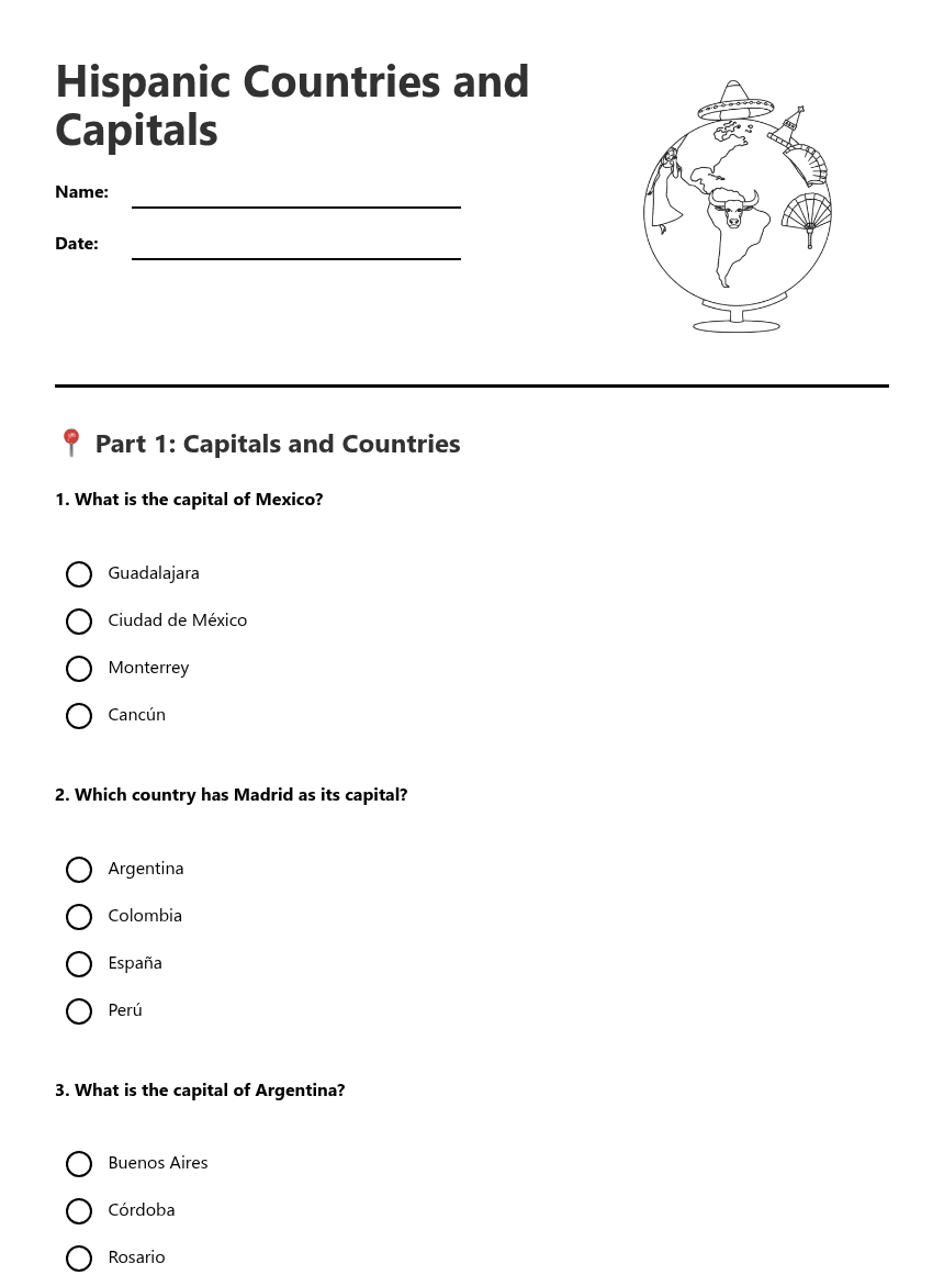 Hispanic Countries and Capitals worksheet preview