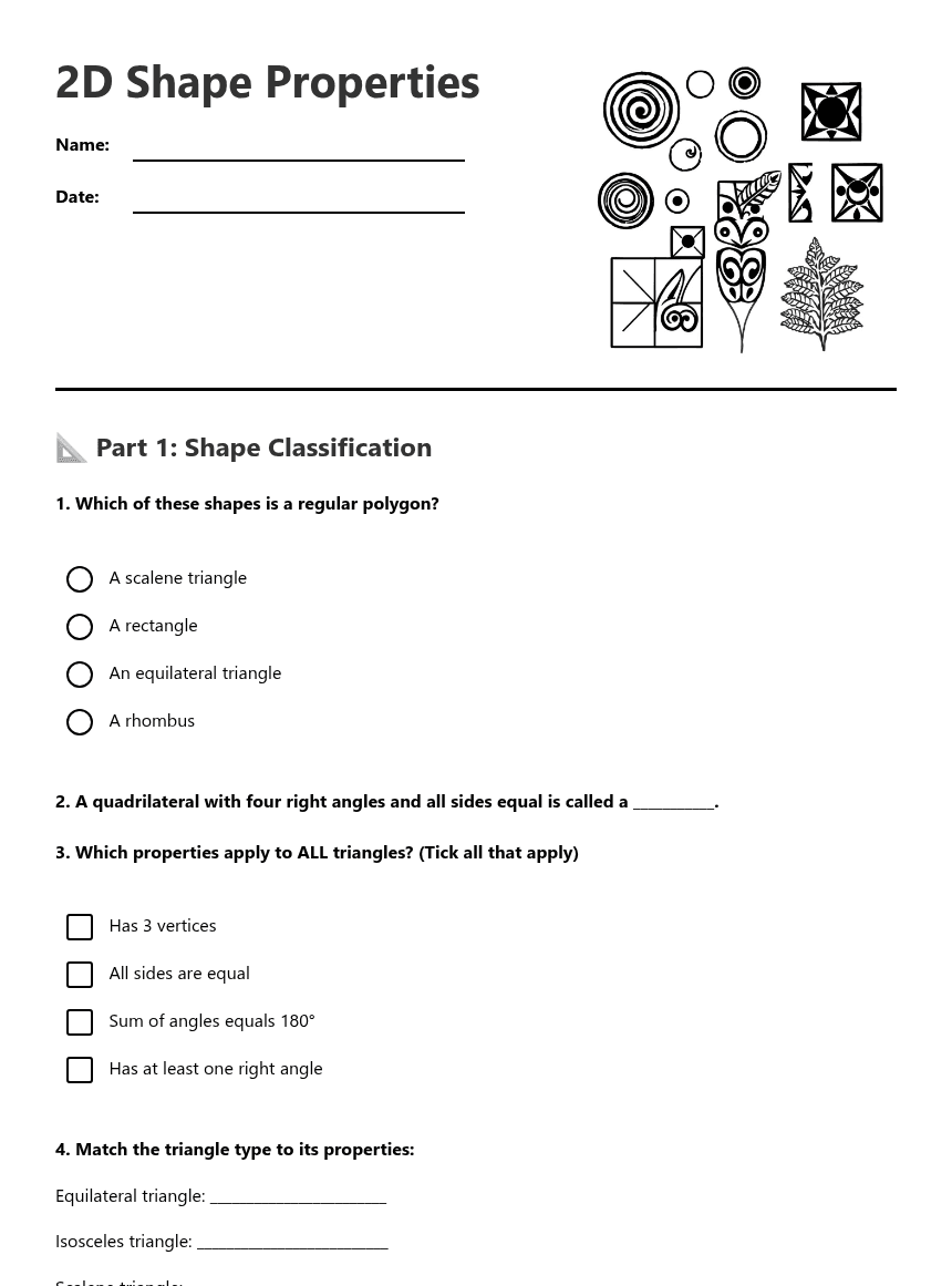 2D Shape Properties worksheet preview