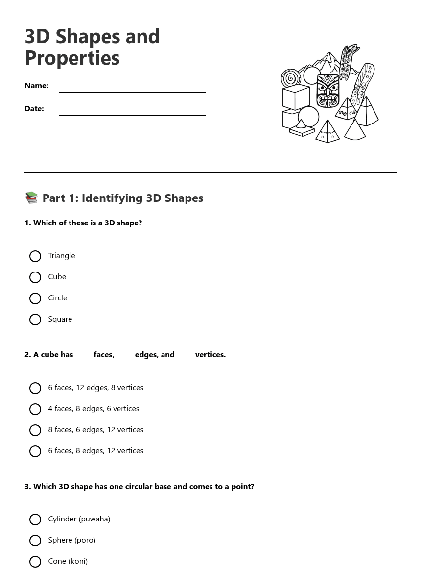 3D Shapes and Properties worksheet preview
