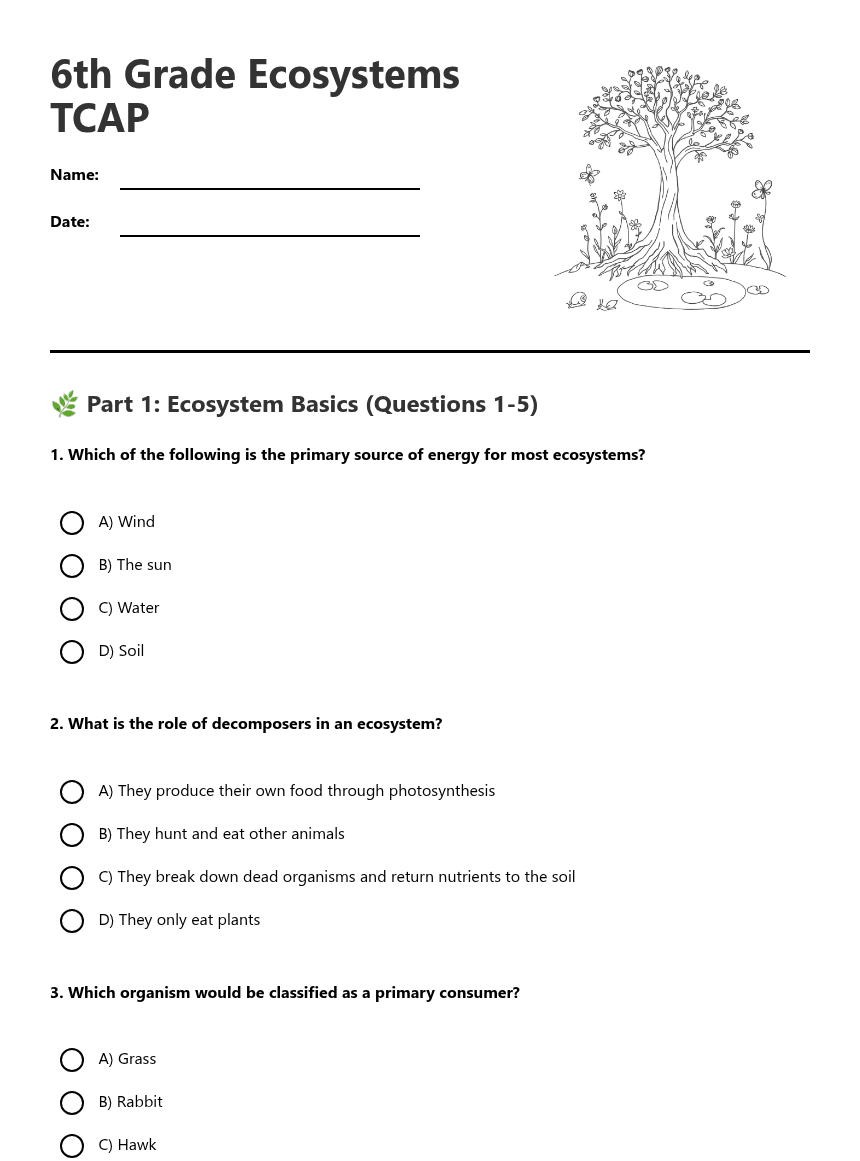 6th Grade Ecosystems TCAP worksheet preview