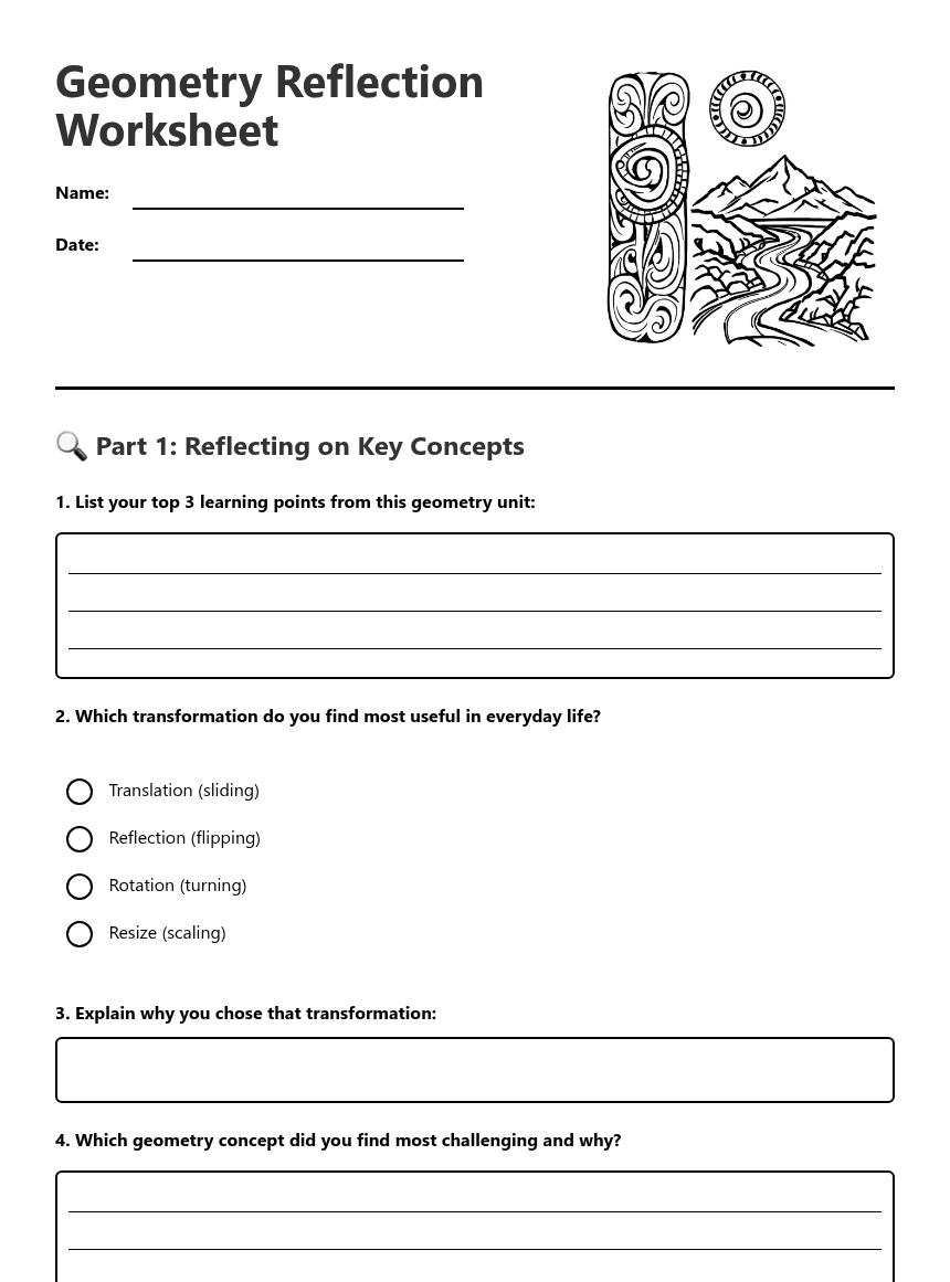 Geometry Reflection Worksheet worksheet preview