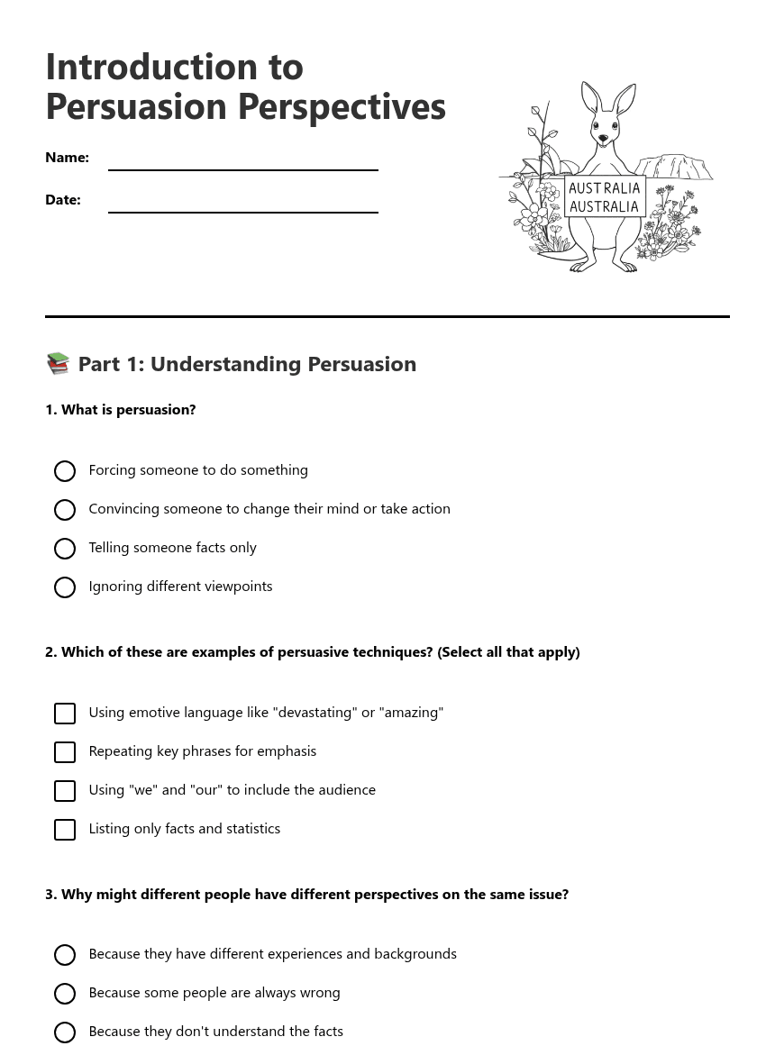 Introduction to Persuasion Perspectives worksheet preview