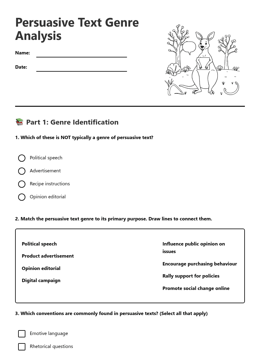 Persuasive Text Genre Analysis worksheet preview