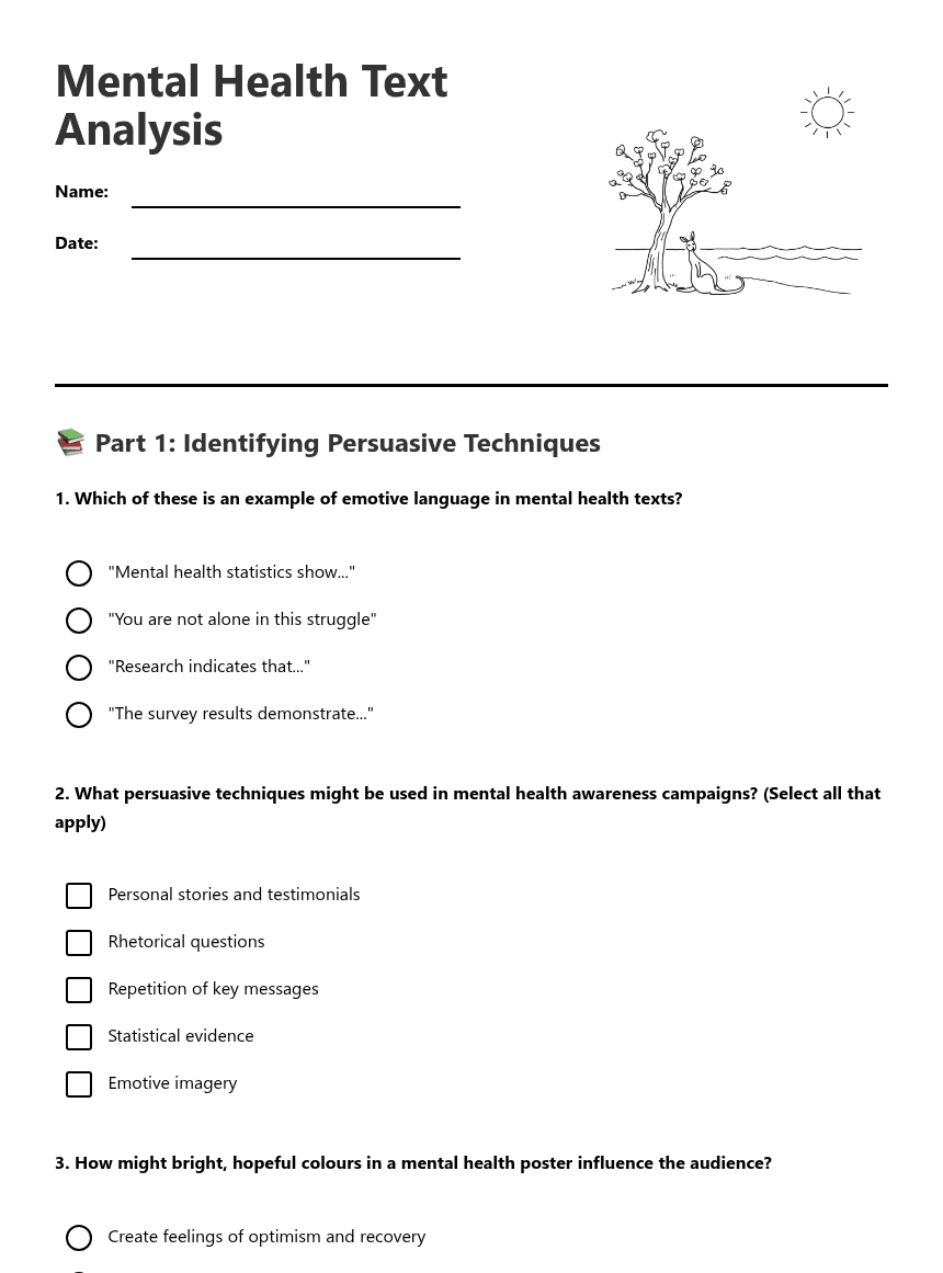 Mental Health Text Analysis worksheet preview