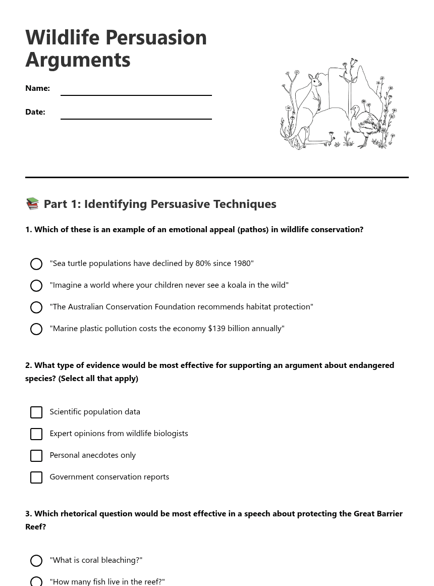 Wildlife Persuasion Arguments worksheet preview