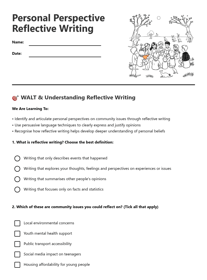 Personal Perspective Reflective Writing worksheet preview