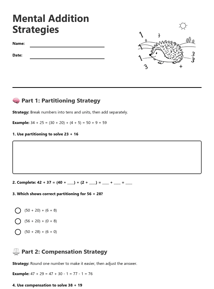 Mental Addition Strategies worksheet preview