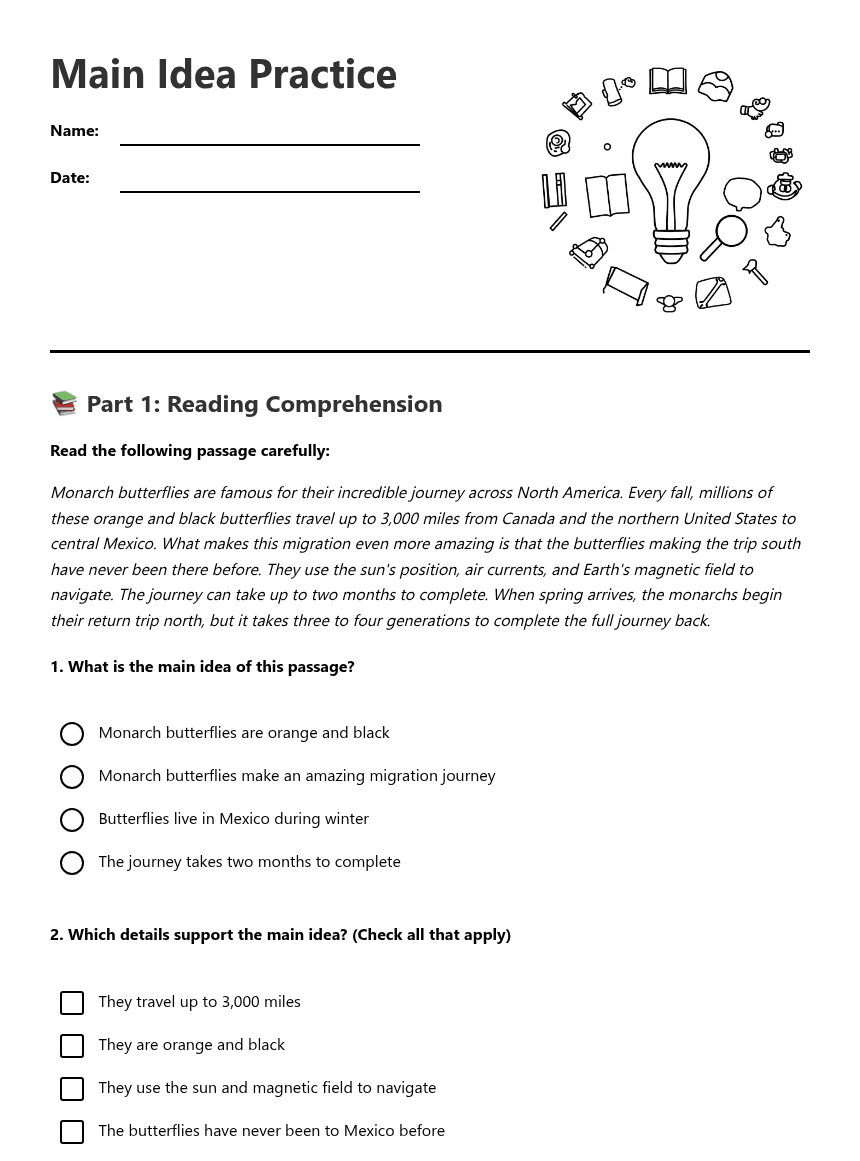 Main Idea Practice worksheet preview
