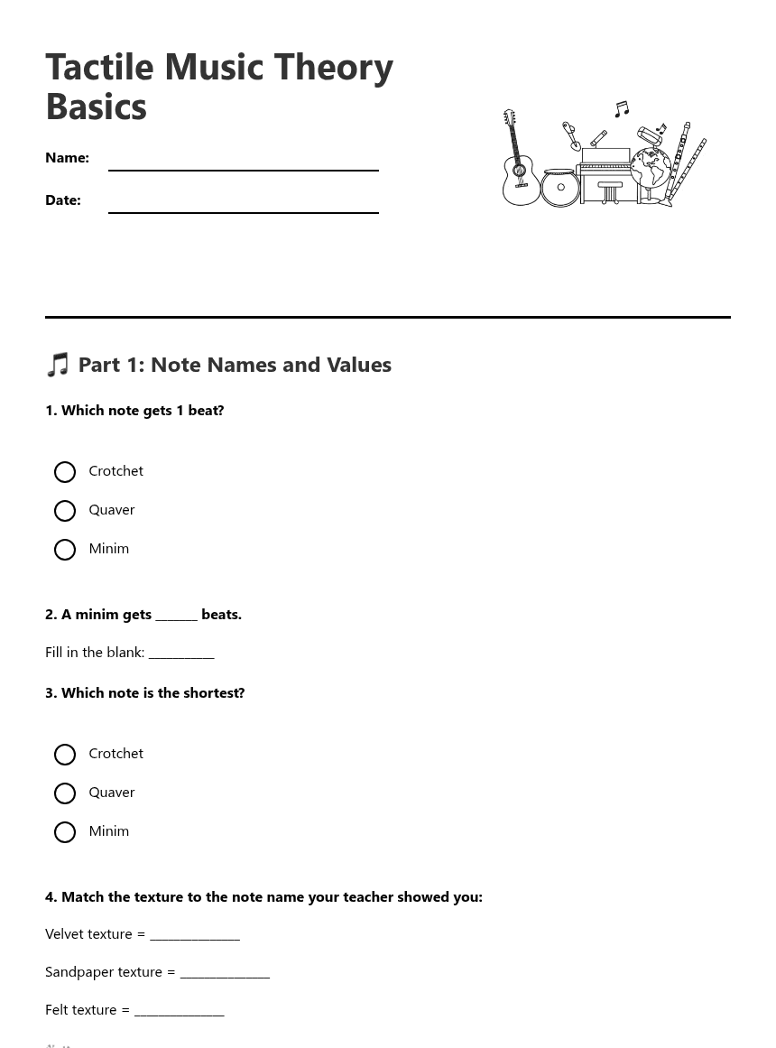 Tactile Music Theory Basics worksheet preview