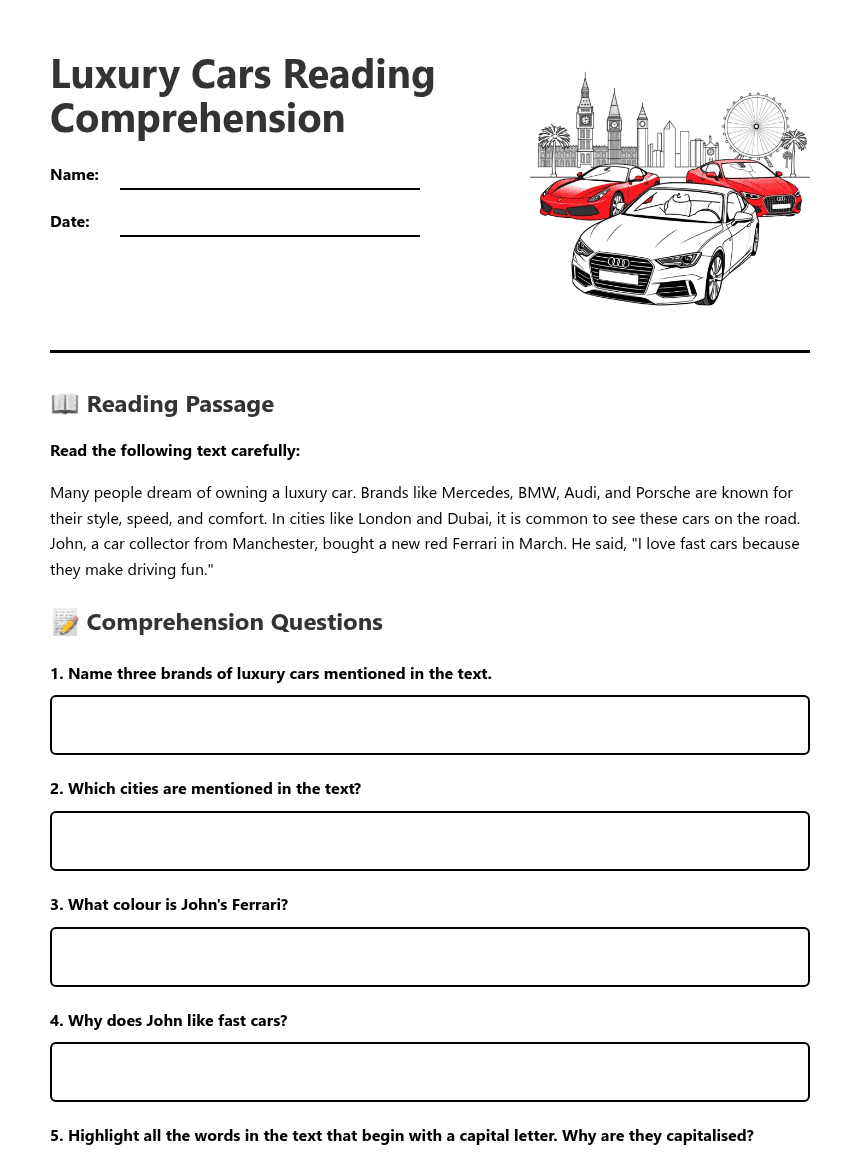 Luxury Cars Reading Comprehension worksheet preview
