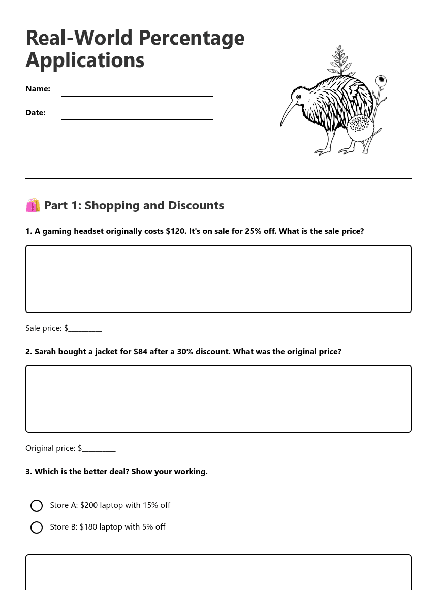 Real-World Percentage Applications worksheet preview