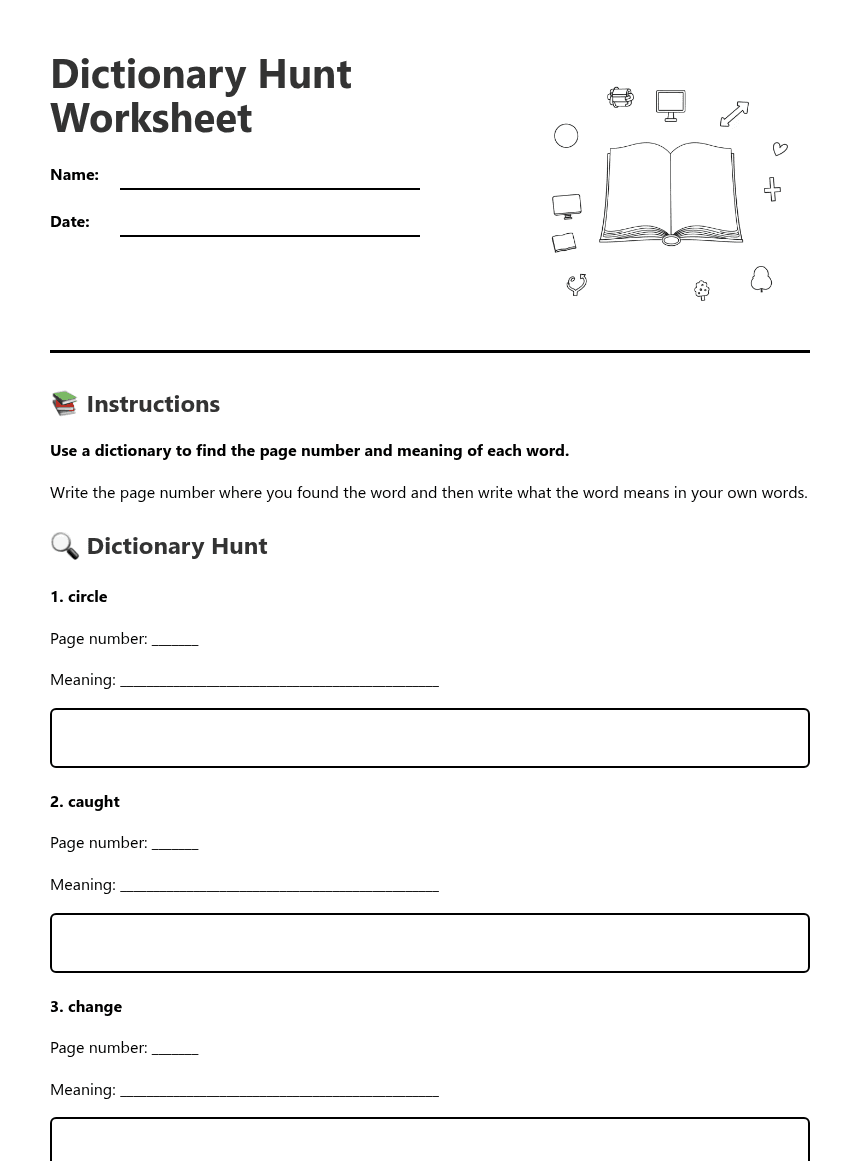 Dictionary Hunt Worksheet worksheet preview