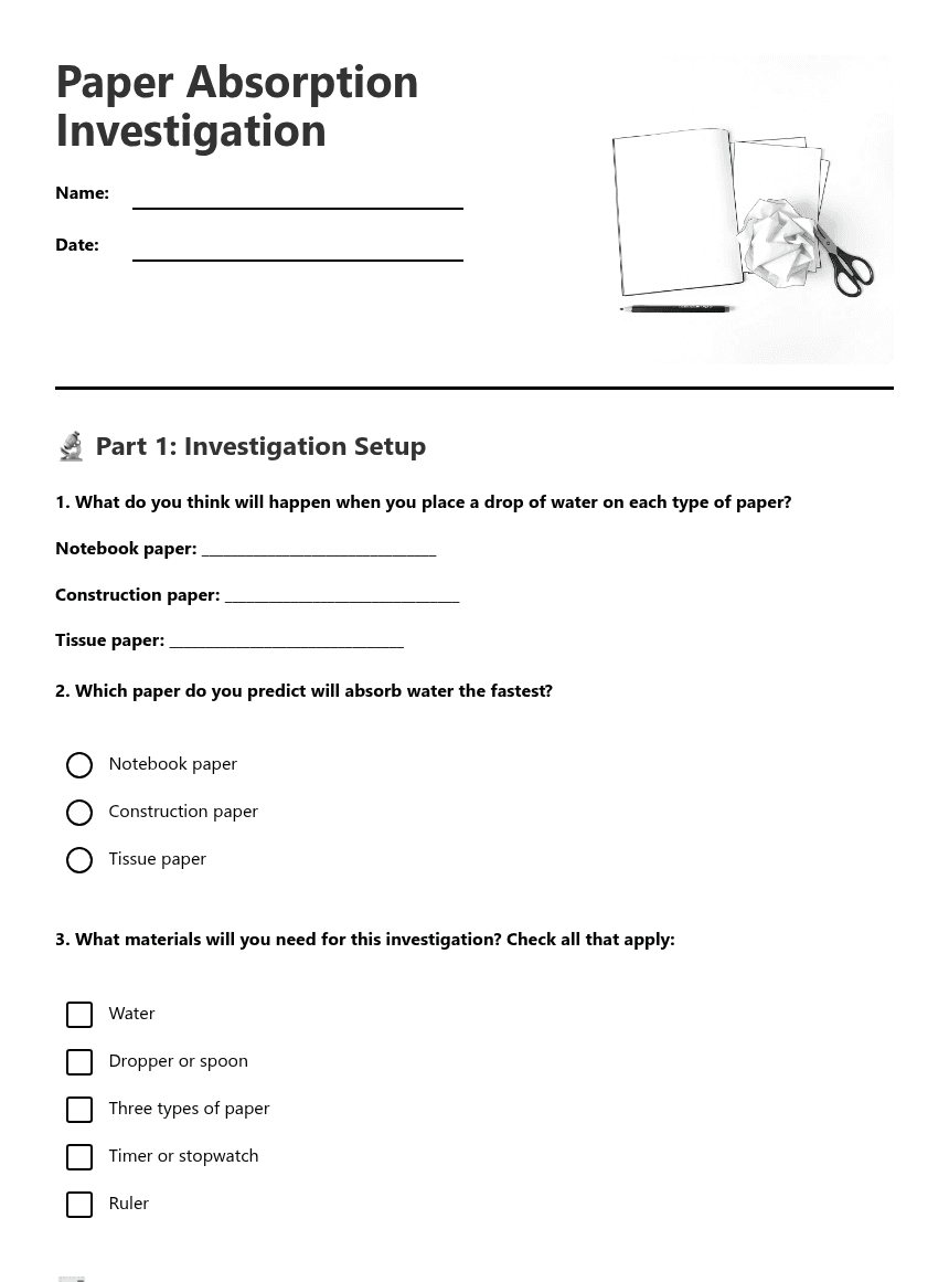 Paper Absorption Investigation worksheet preview