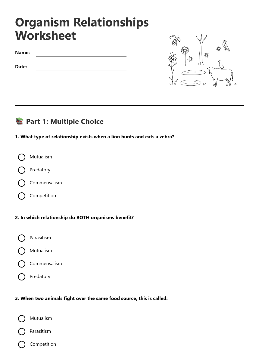Organism Relationships Worksheet worksheet preview