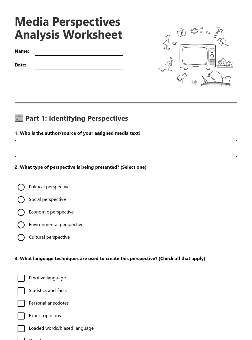 Media Perspectives Analysis Worksheet worksheet preview