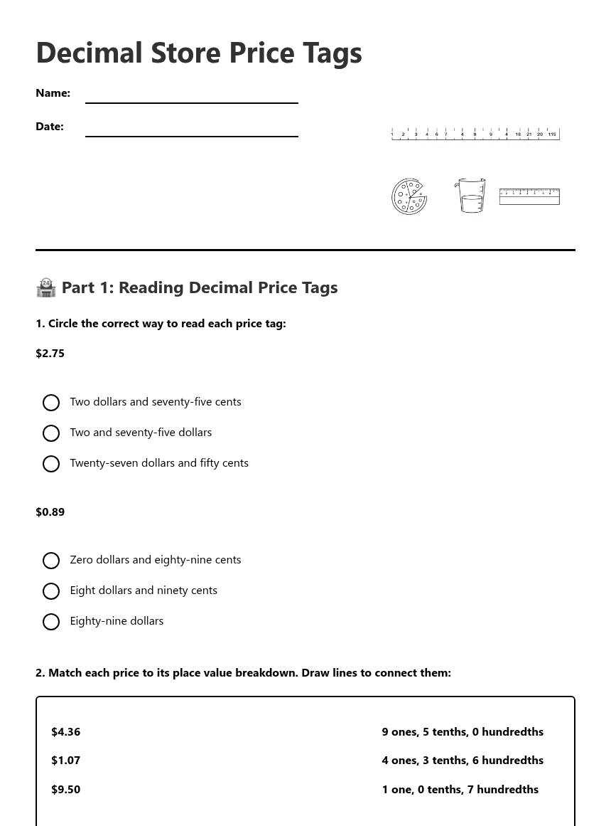 Decimal Store Price Tags worksheet preview