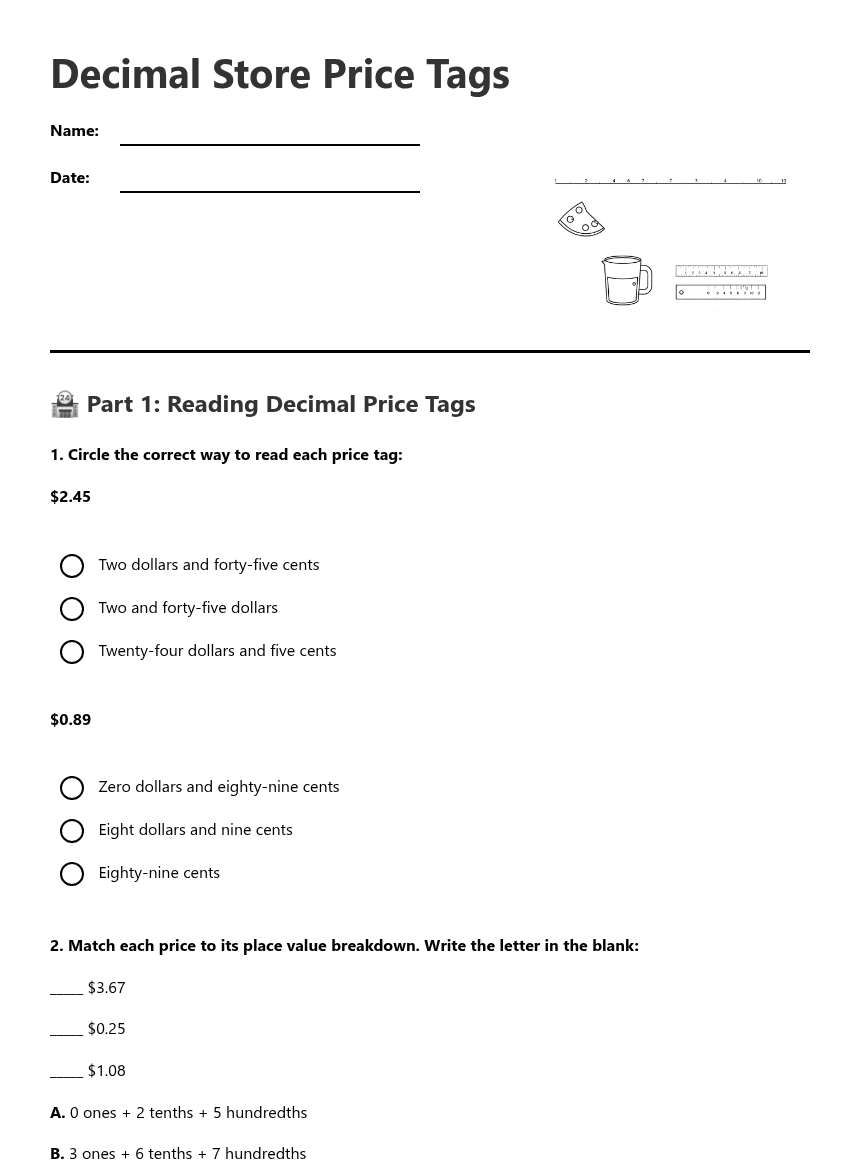 Decimal Store Price Tags worksheet preview