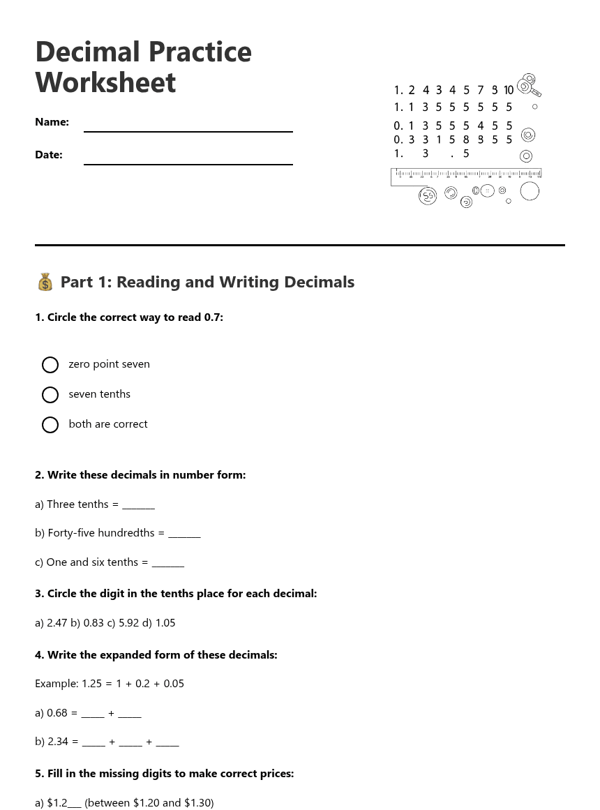 Decimal Practice Worksheet worksheet preview