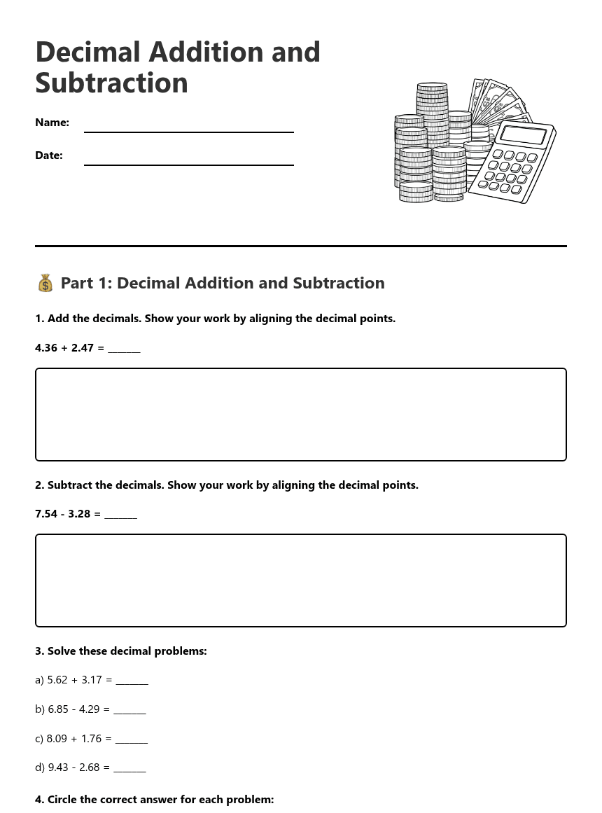 Decimal Addition and Subtraction worksheet preview