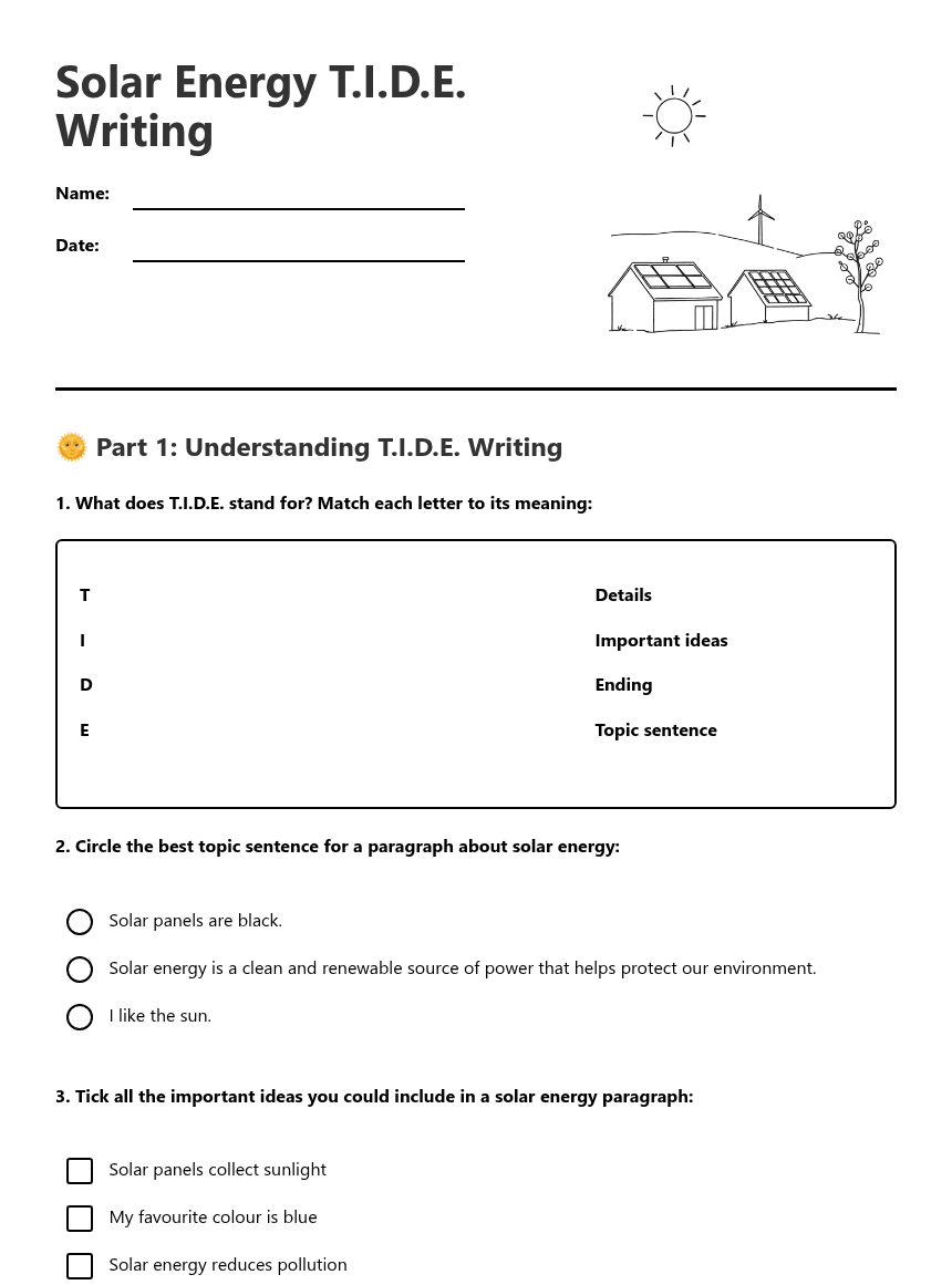Solar Energy T.I.D.E. Writing worksheet preview
