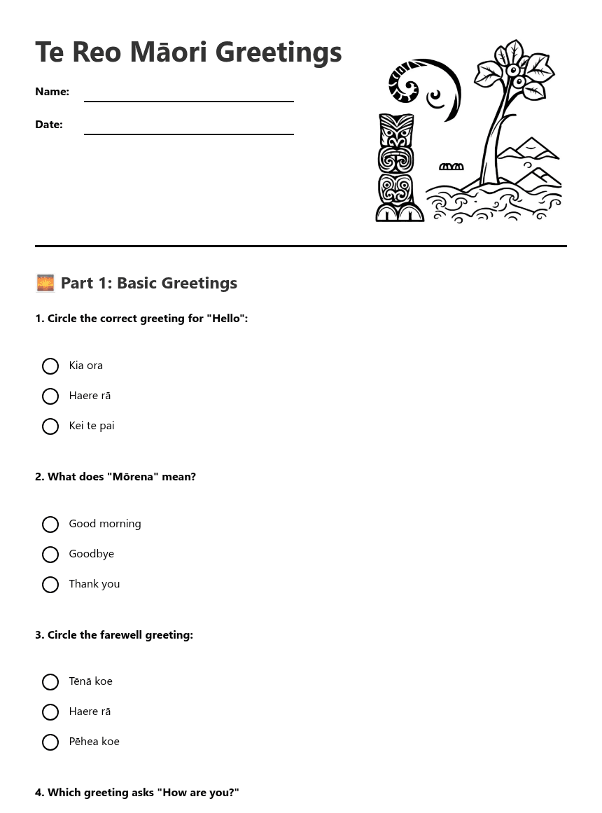 Te Reo Māori Greetings worksheet preview