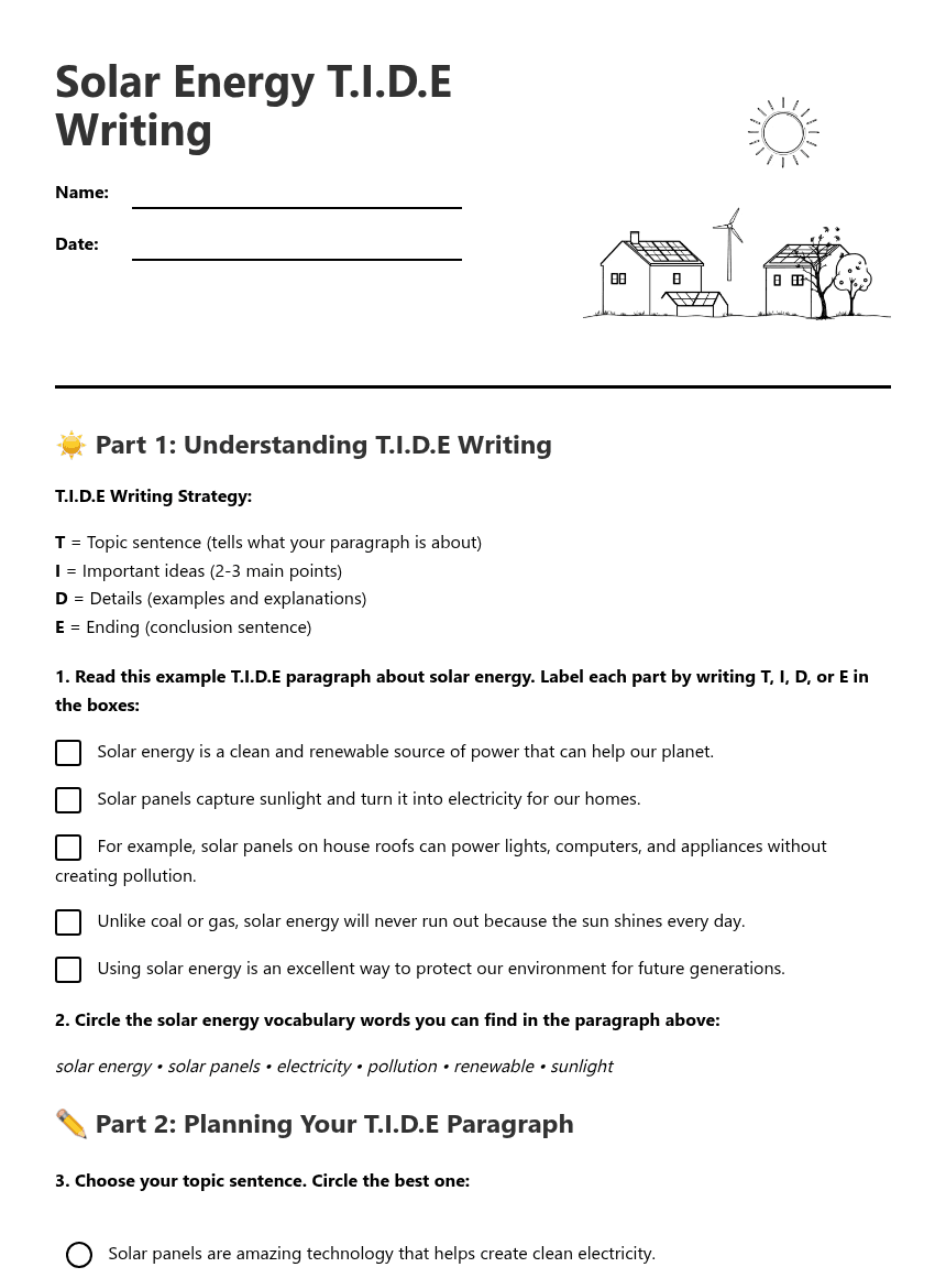 Solar Energy T.I.D.E Writing worksheet preview
