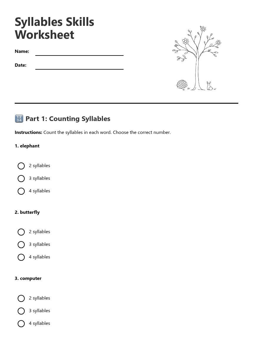 Syllables Skills Worksheet worksheet preview