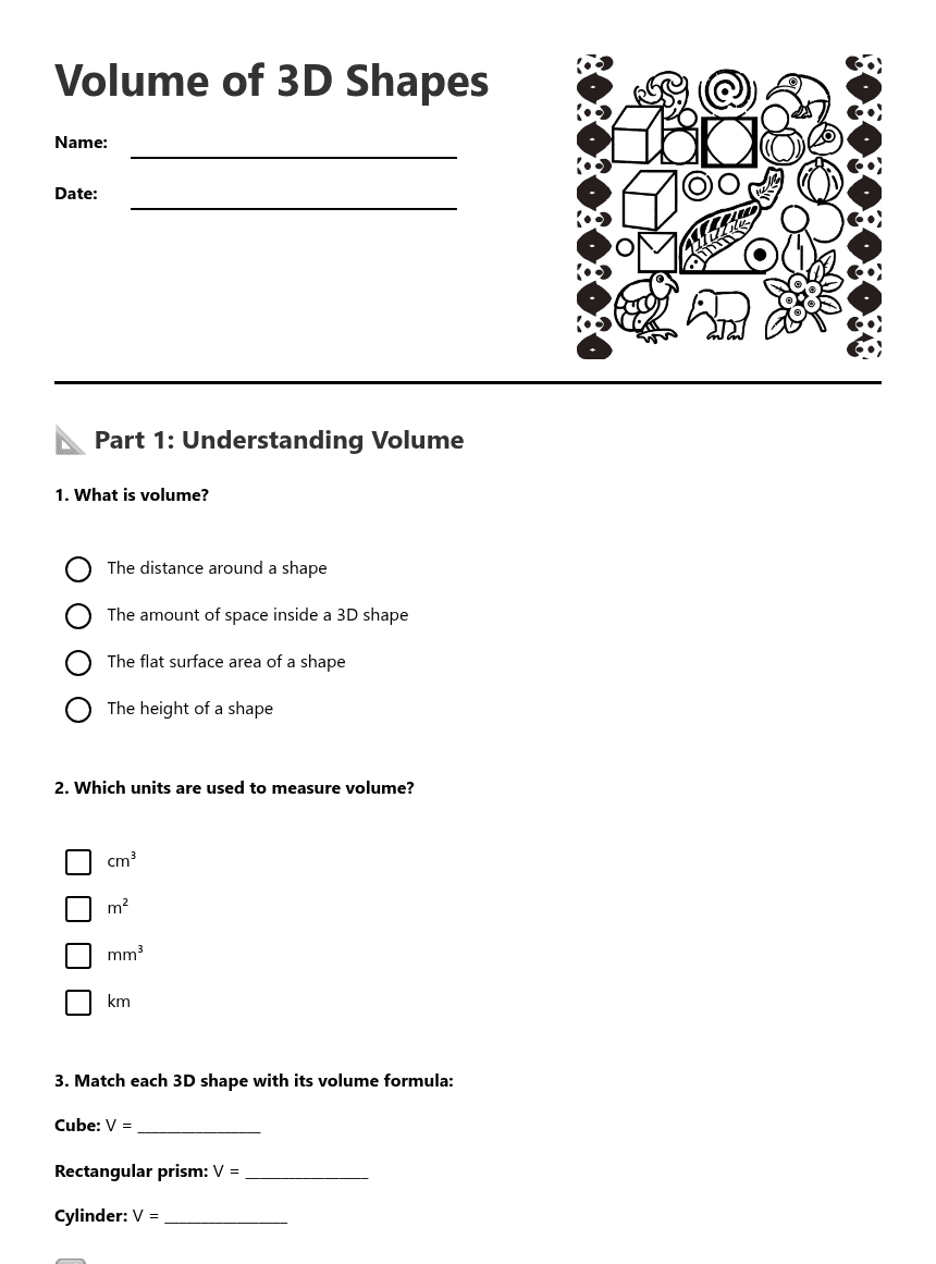 Volume of 3D Shapes worksheet preview