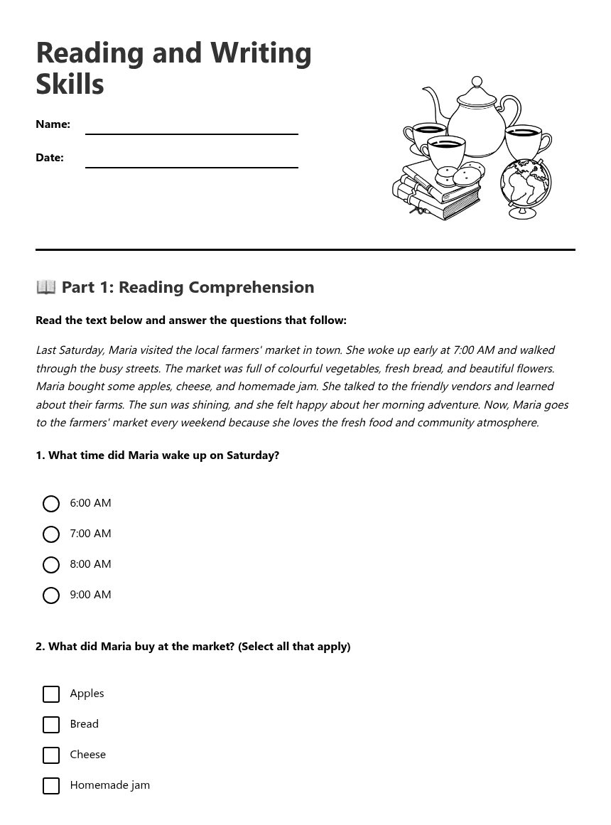 Reading and Writing Skills worksheet preview