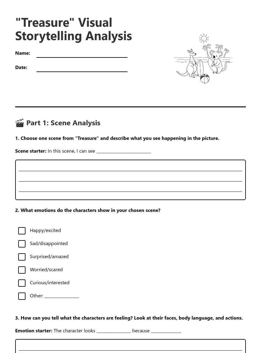 "Treasure" Visual Storytelling Analysis worksheet preview
