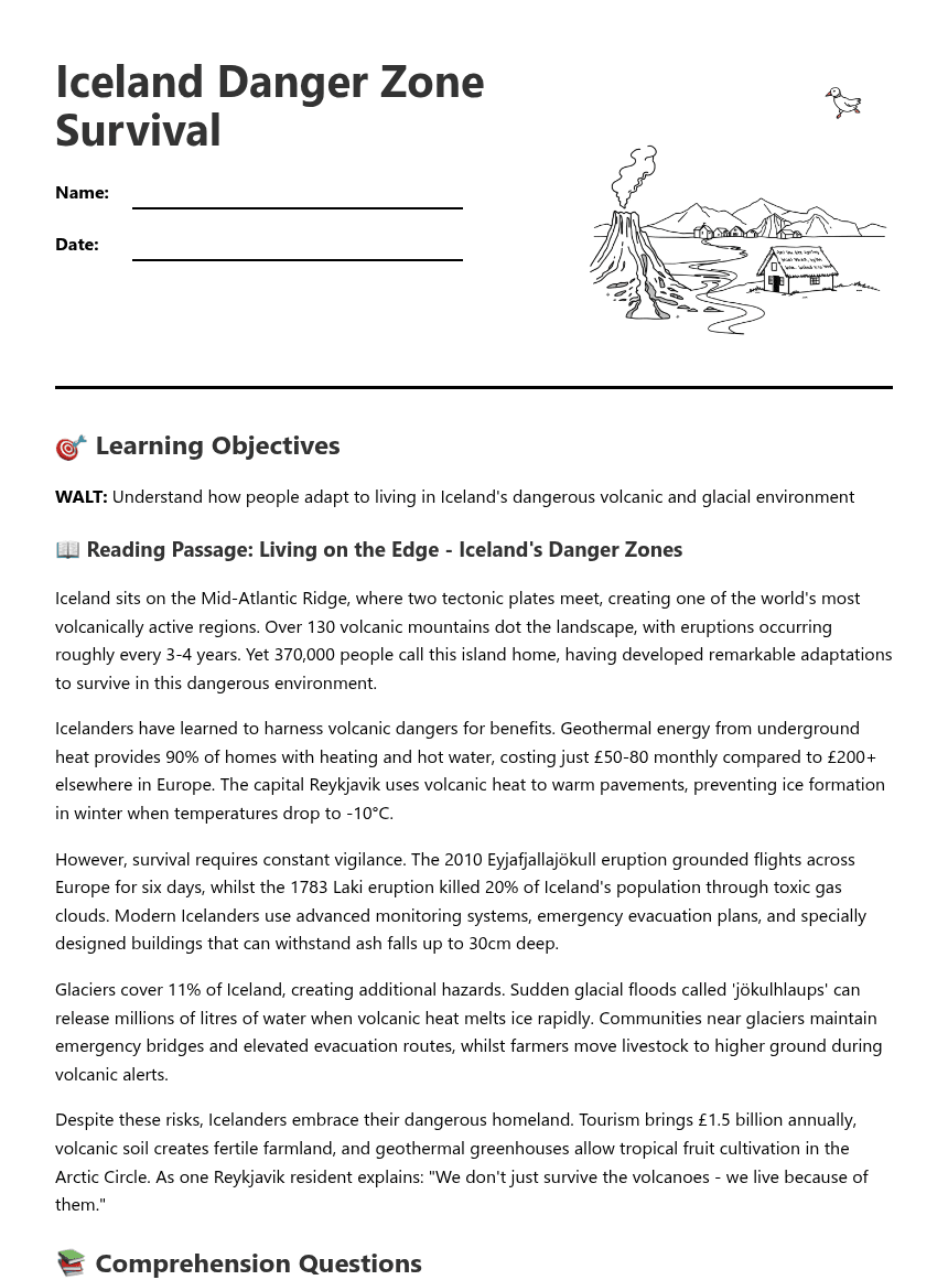 Iceland Danger Zone Survival worksheet preview