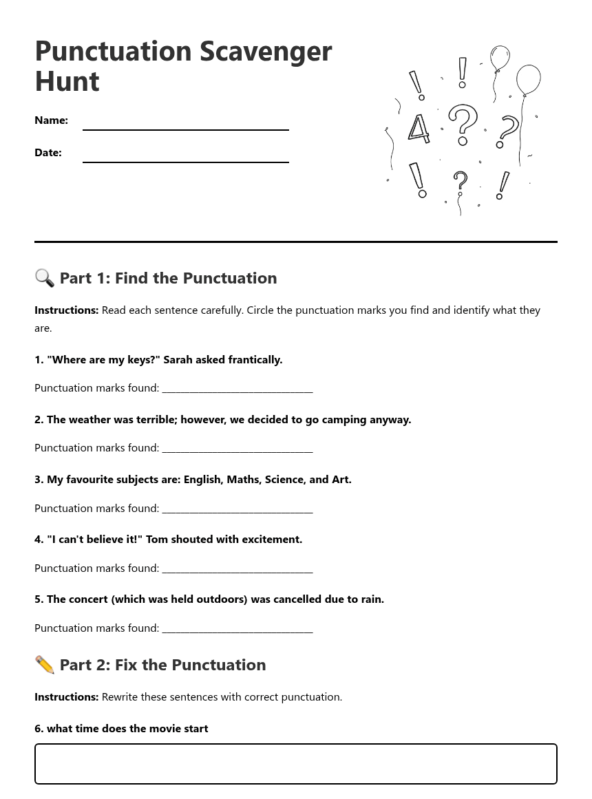 Punctuation Scavenger Hunt worksheet preview