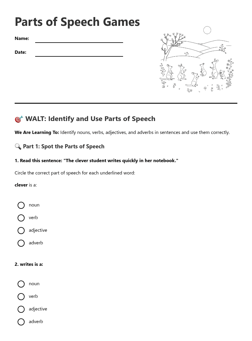 Parts of Speech Games worksheet preview
