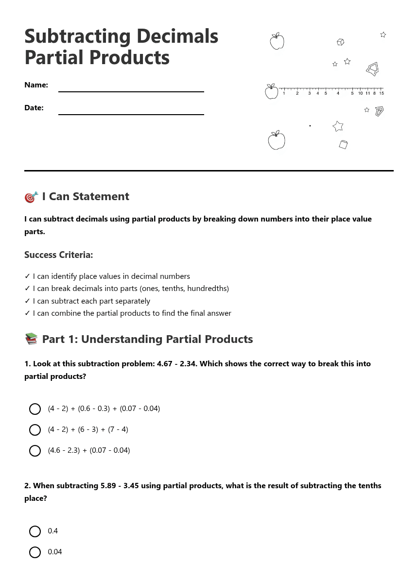 Subtracting Decimals Partial Products worksheet preview