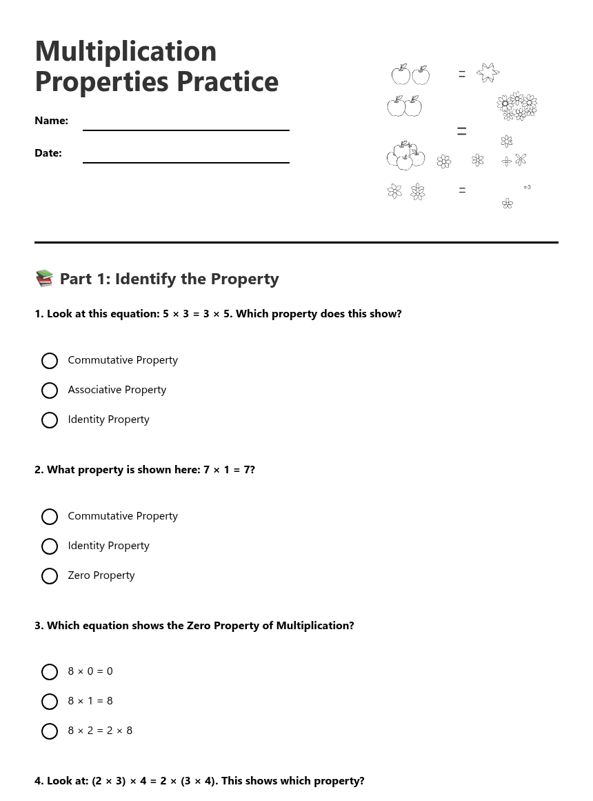 Multiplication Properties Practice worksheet preview