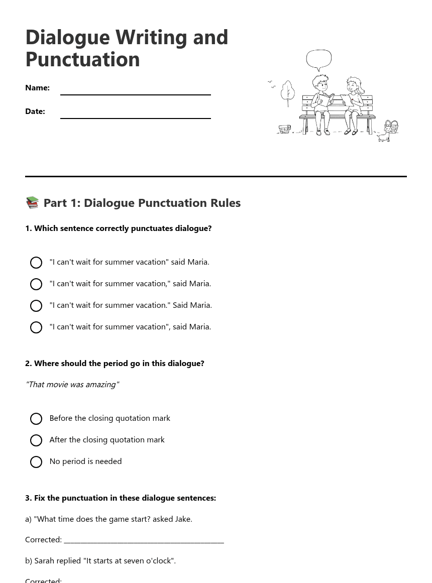 Dialogue Writing and Punctuation worksheet preview