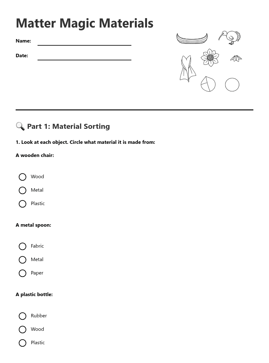 Matter Magic Materials worksheet preview