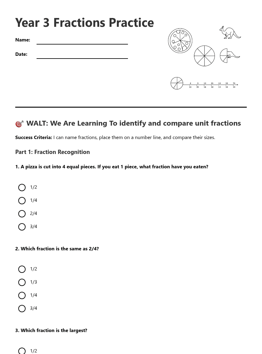 Year 3 Fractions Practice worksheet preview