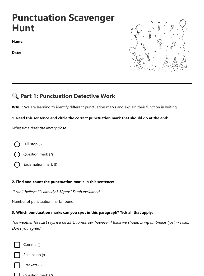 Punctuation Scavenger Hunt worksheet preview