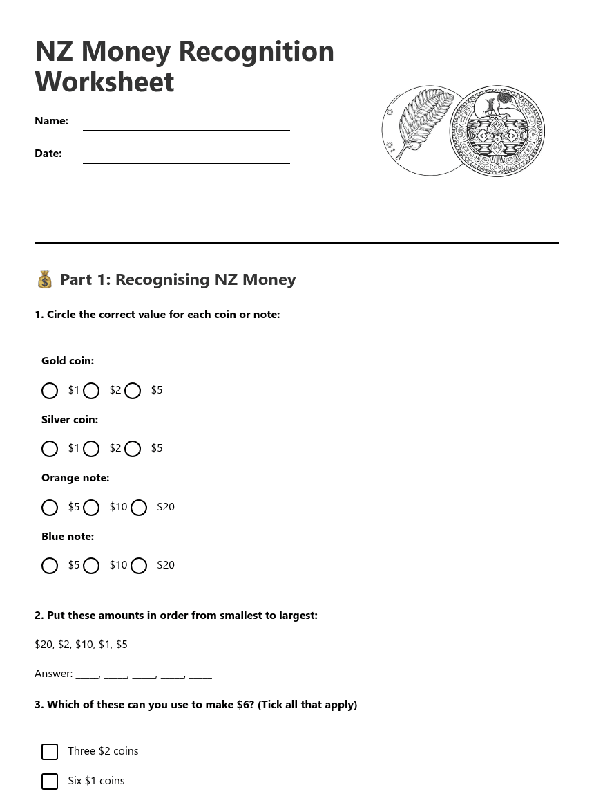 NZ Money Recognition Worksheet worksheet preview