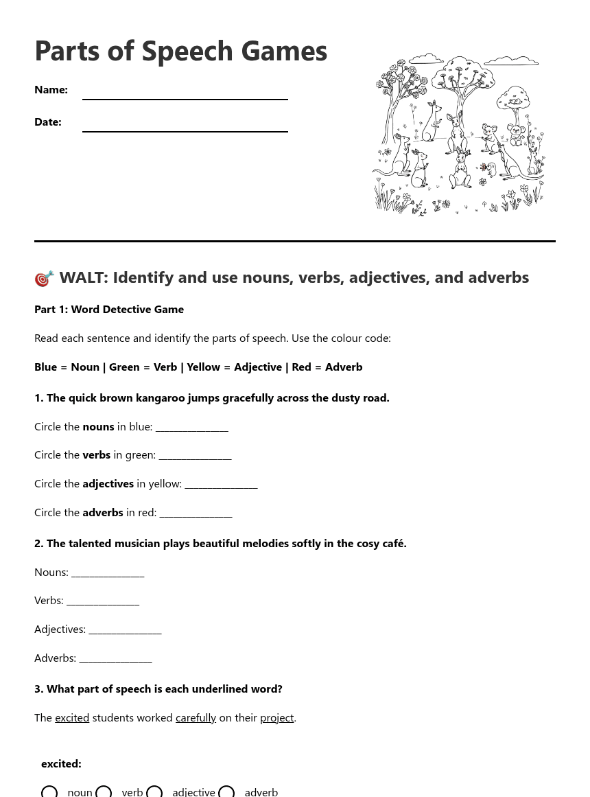 Parts of Speech Games worksheet preview