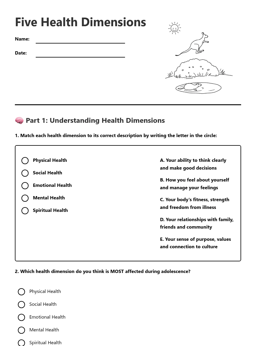 Five Health Dimensions worksheet preview