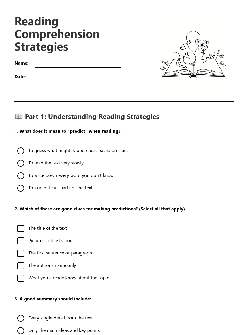 Reading Comprehension Strategies worksheet preview