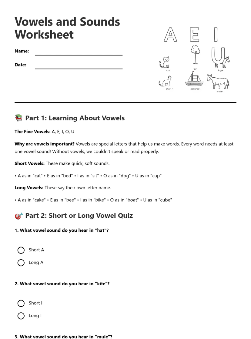 Vowels and Sounds Worksheet