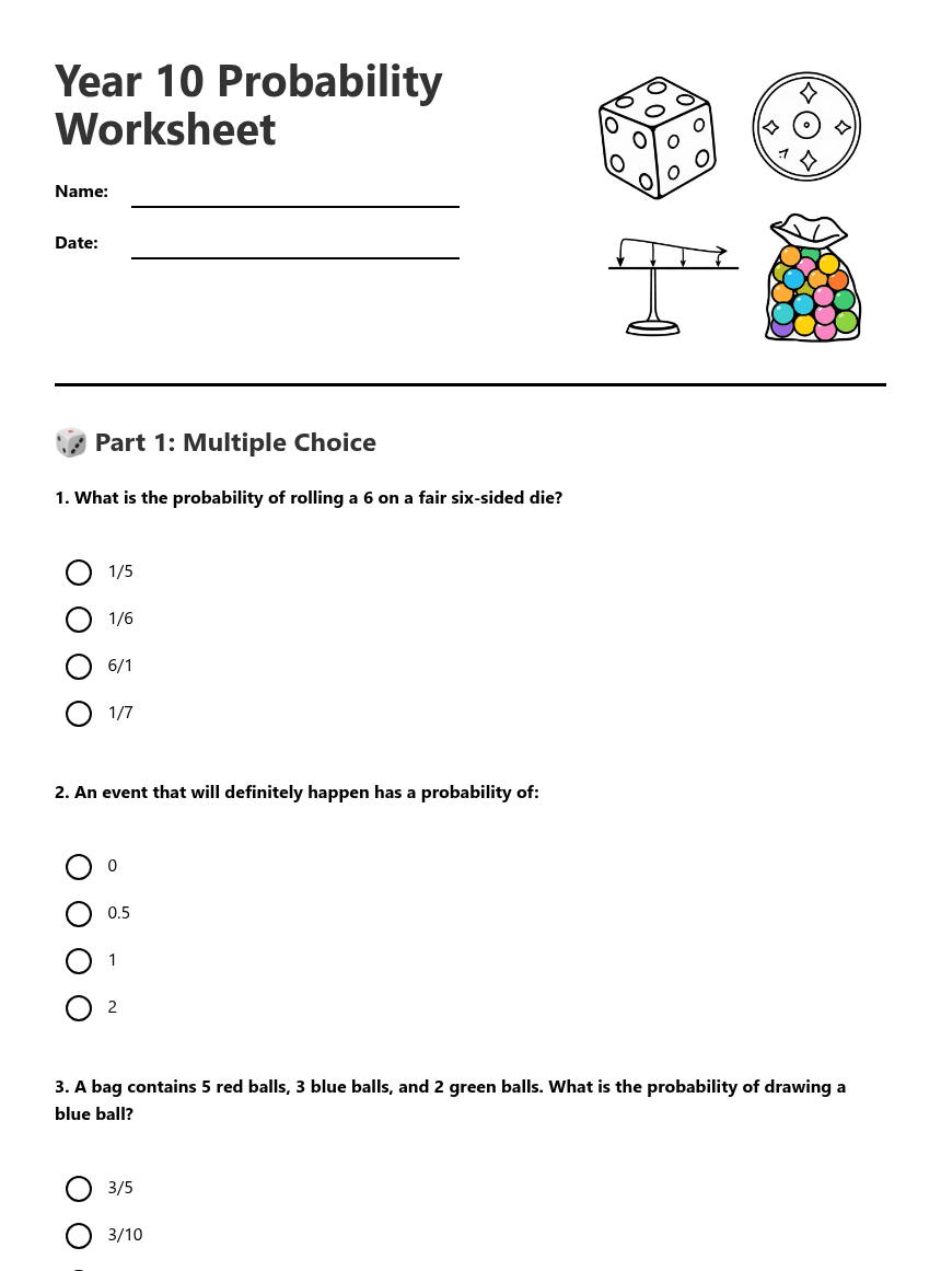 Year 10 Probability Worksheet worksheet preview